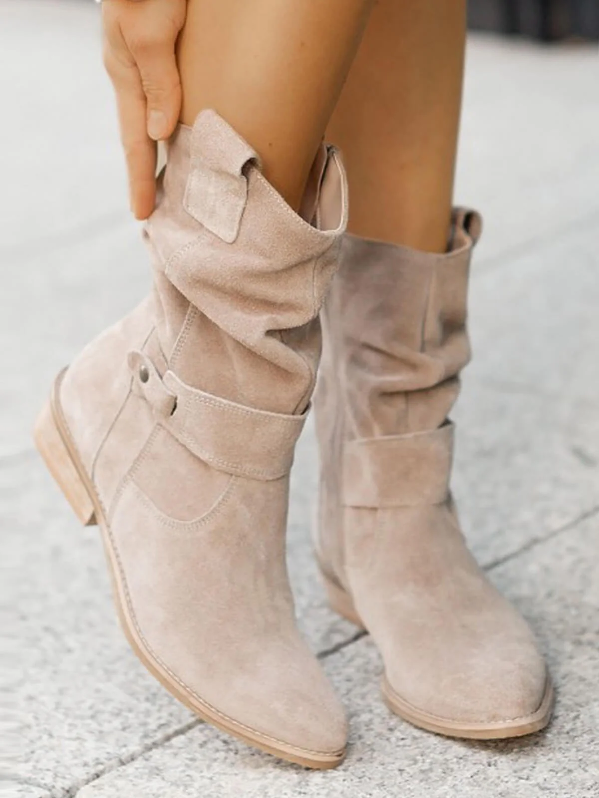 Vintage Solid Suede Mid-Calf Boots - Image 2