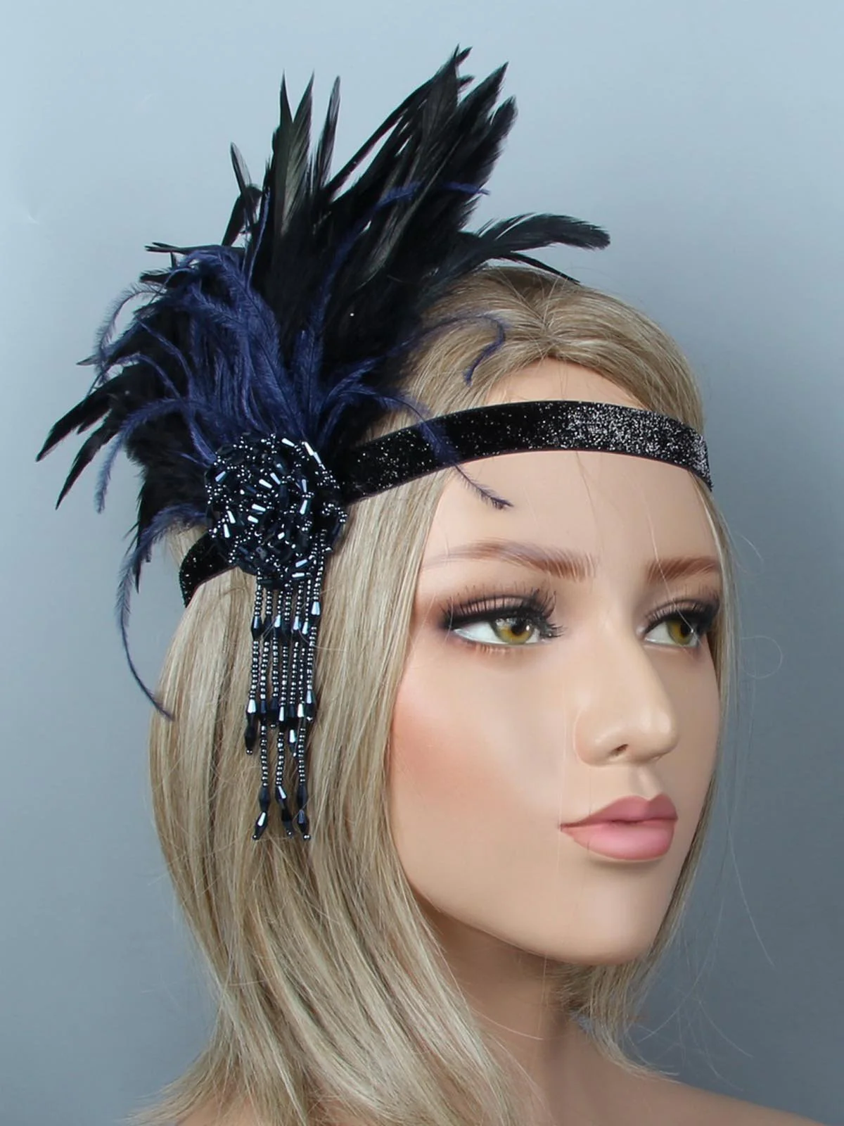 [US Warehouse] Black Blue 1920s Feather Headband - Image 2