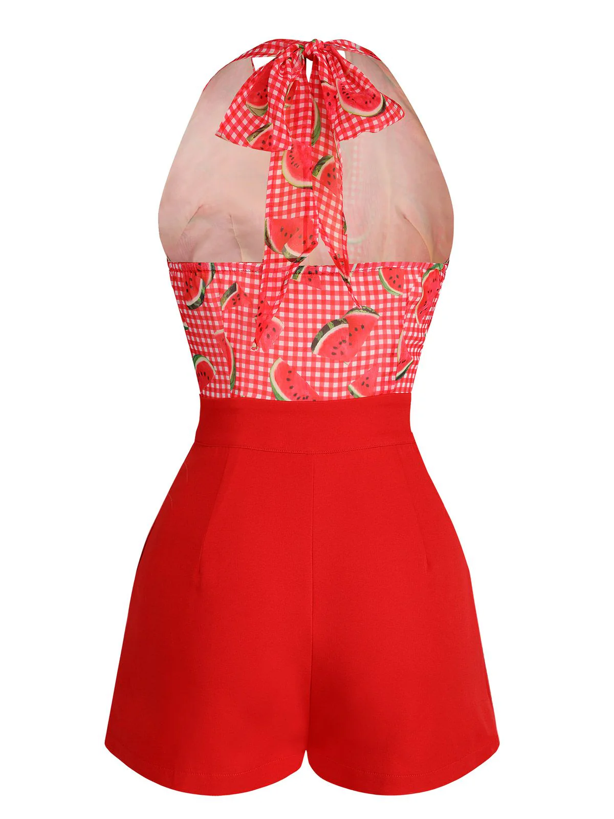 Watermelon Red 1950s Halter Patchwork Romper - Image 6