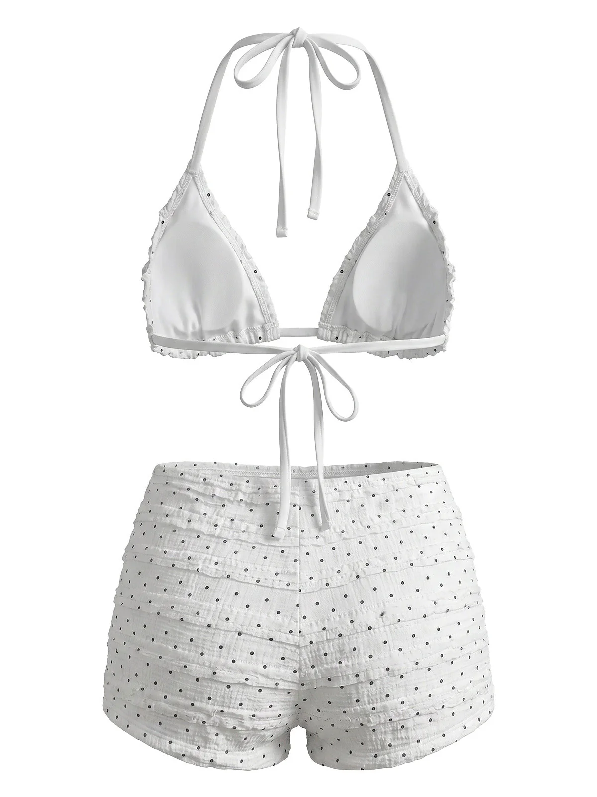 White 1950s Halter Polka Dot Ruched Bikini Set - Image 5