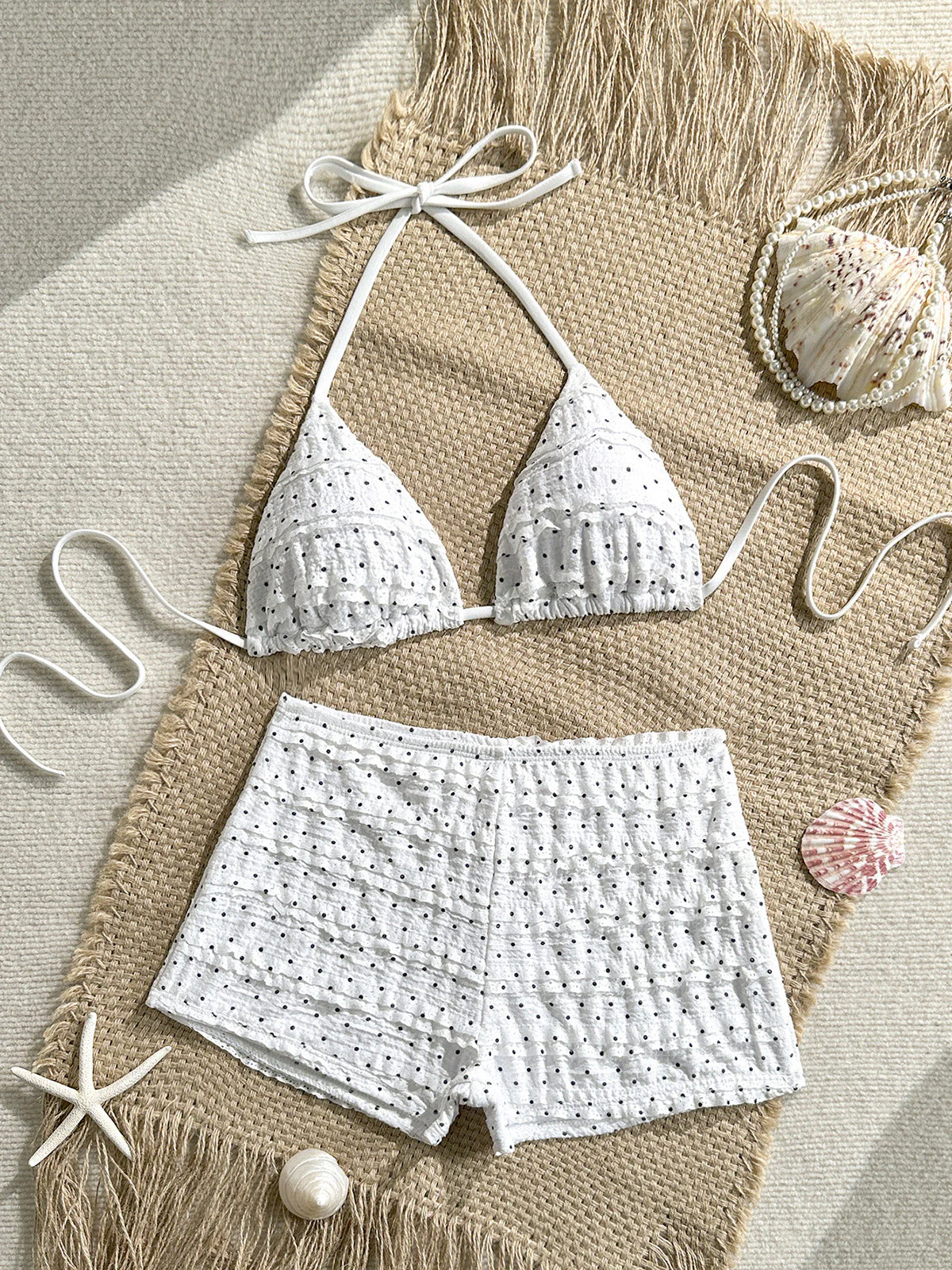 White 1950s Halter Polka Dot Ruched Bikini Set - Image 6