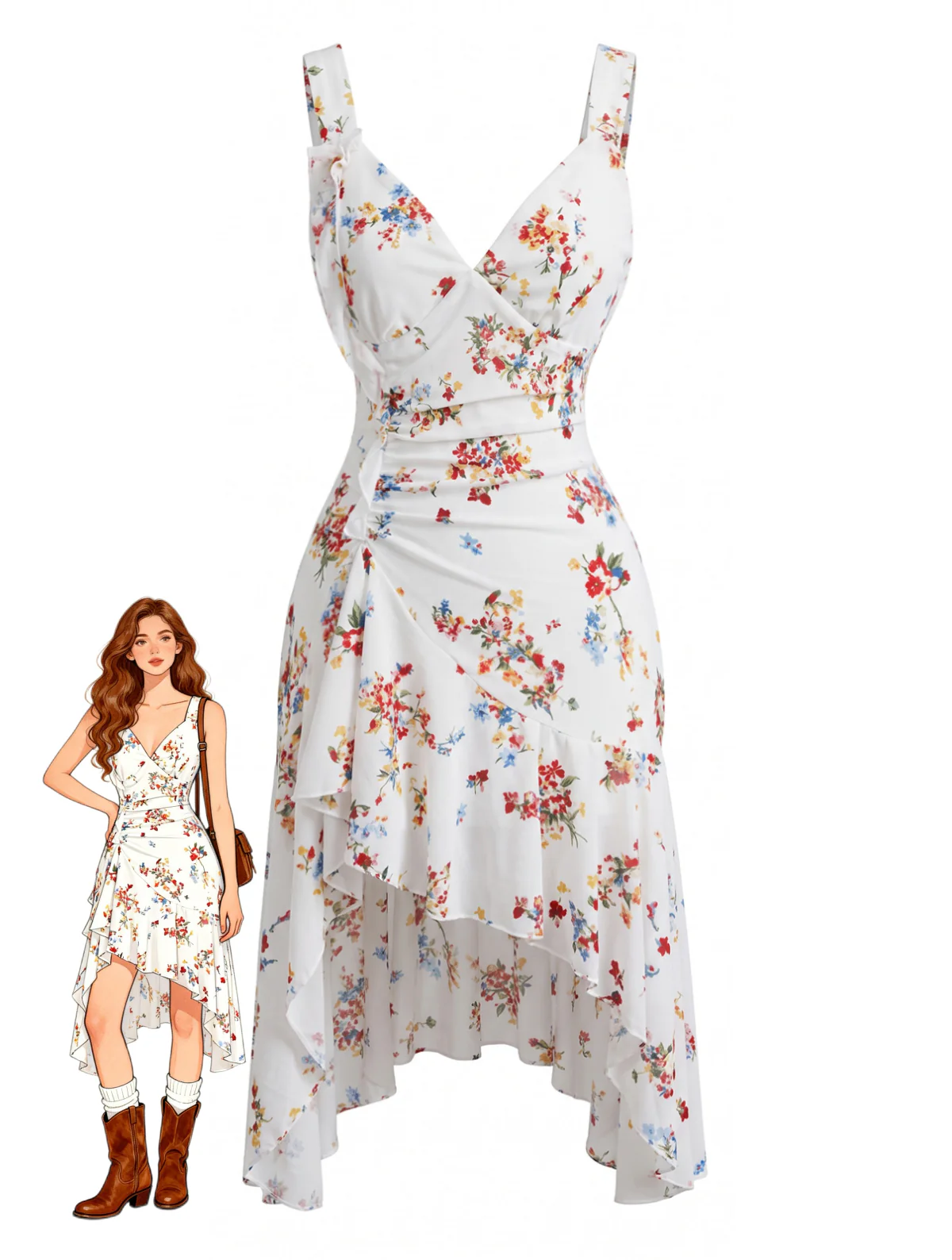 White 1960s Ditsy Floral V-Neck High-Low Hem Dress