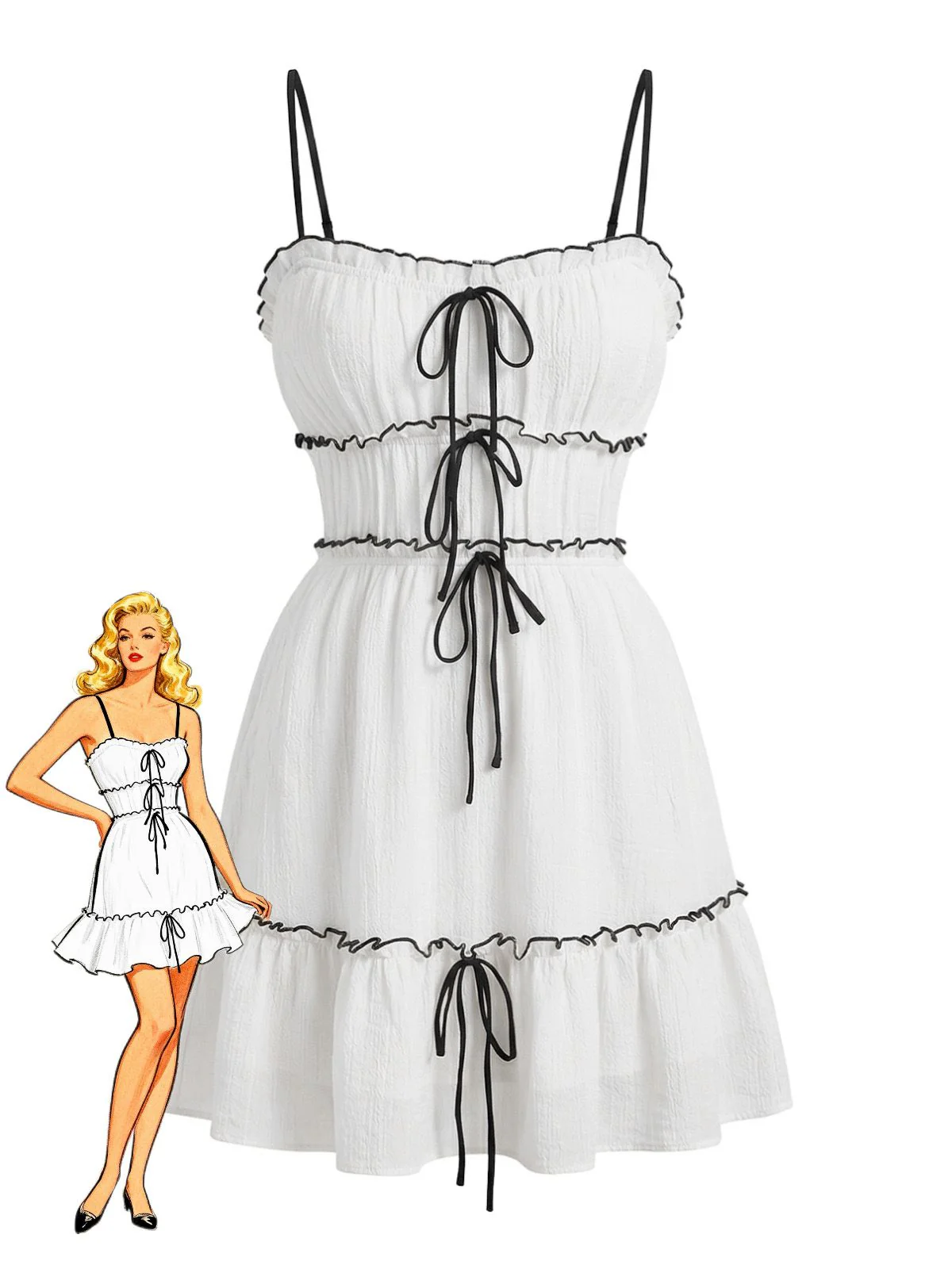 White 1960s Textured Ruffled Spaghetti Strap Mini Dress