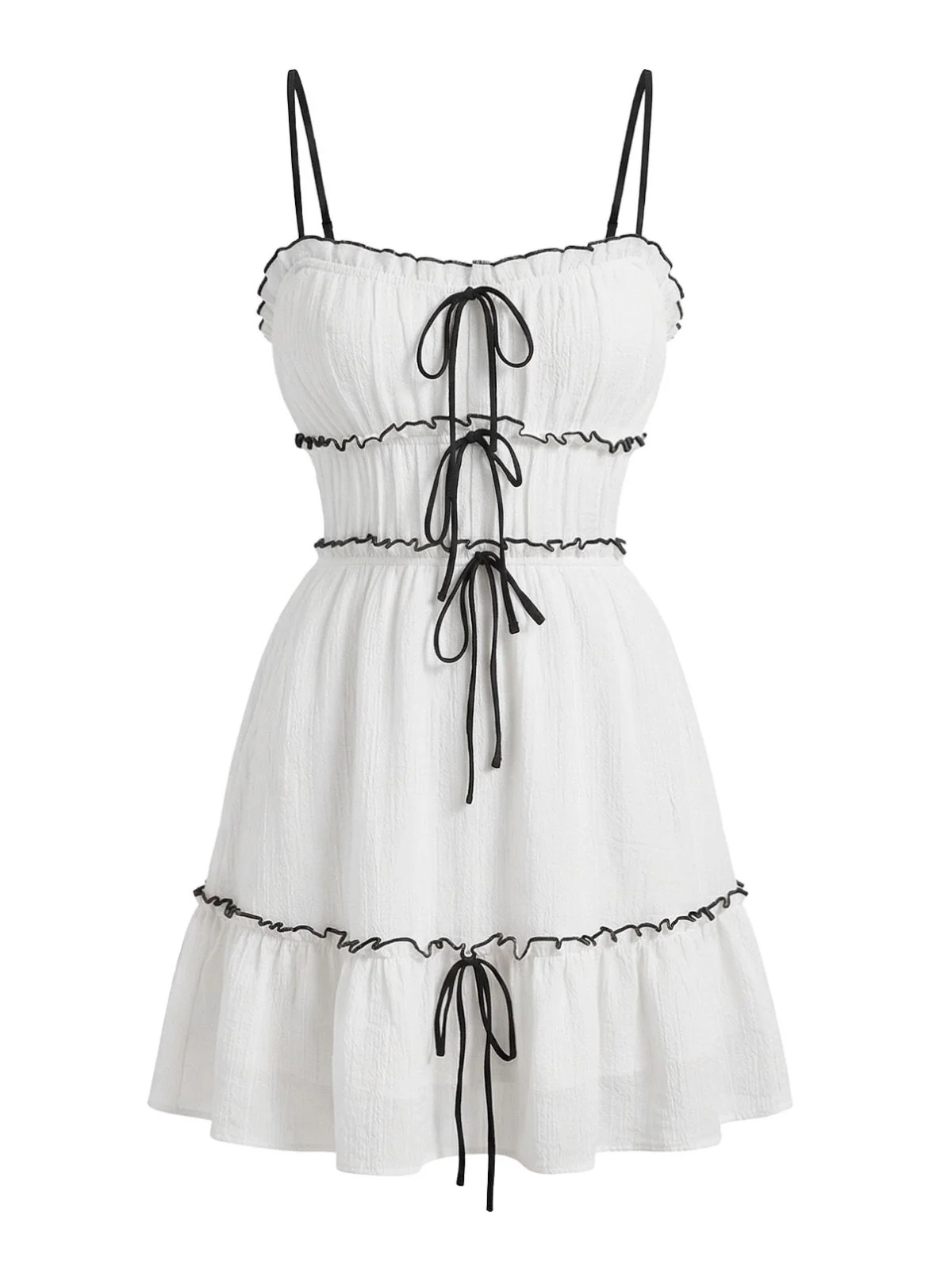 White 1960s Textured Ruffled Spaghetti Strap Mini Dress - Image 2