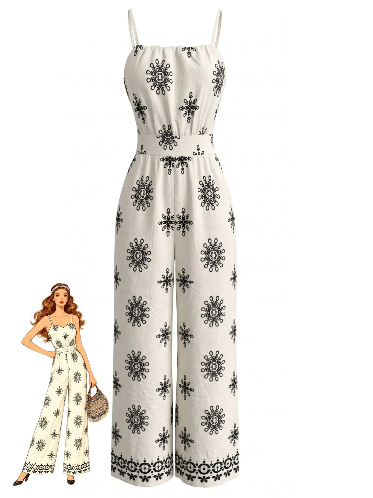 White 1970s Bohemian Spaghetti Strap Smocked Jumpsuit