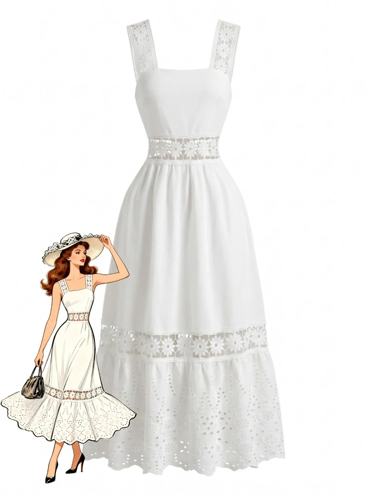 White 1970s Boho Eyelet Embroidered Midi Dress