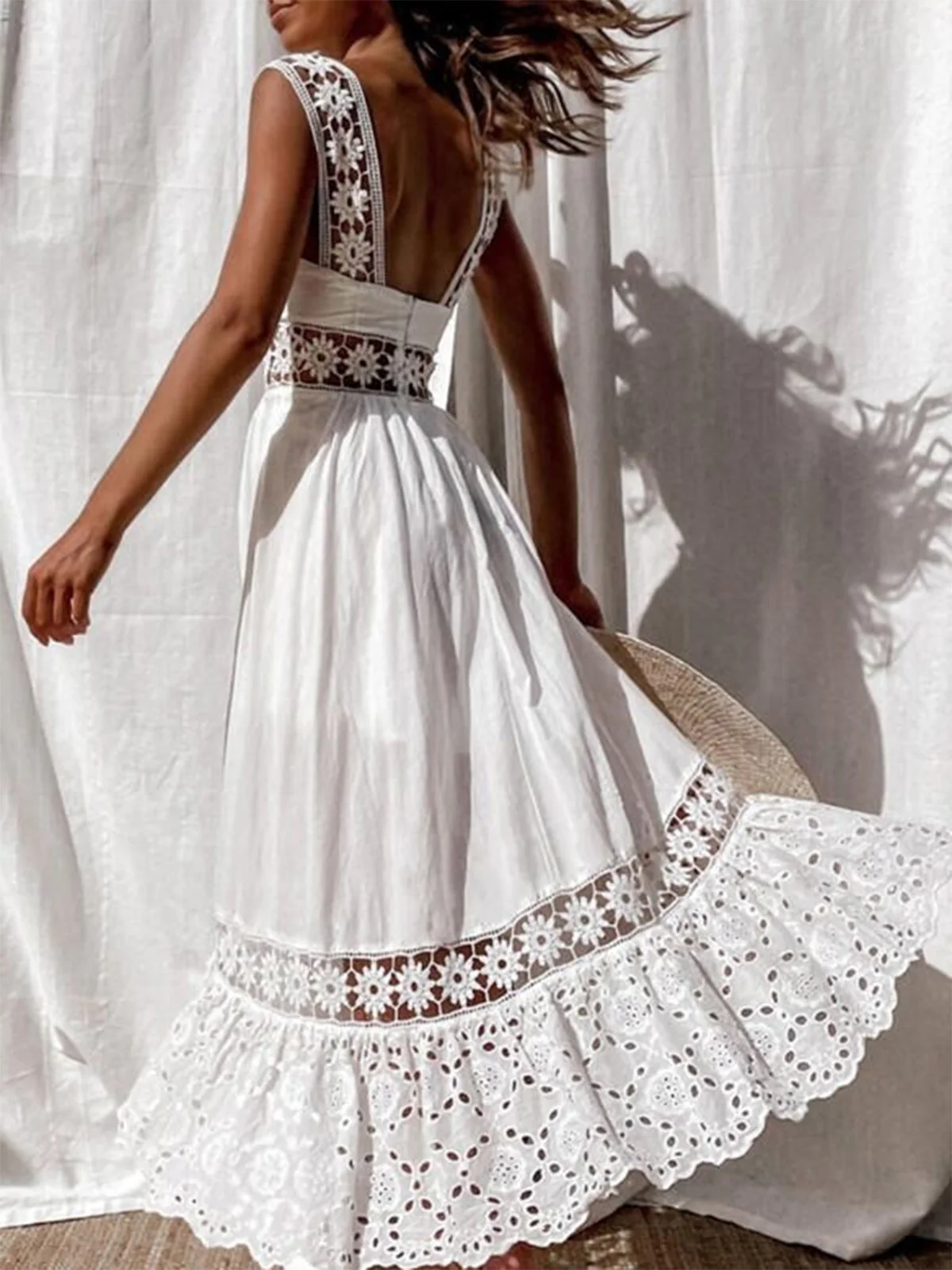 White 1970s Boho Eyelet Embroidered Midi Dress - Image 4