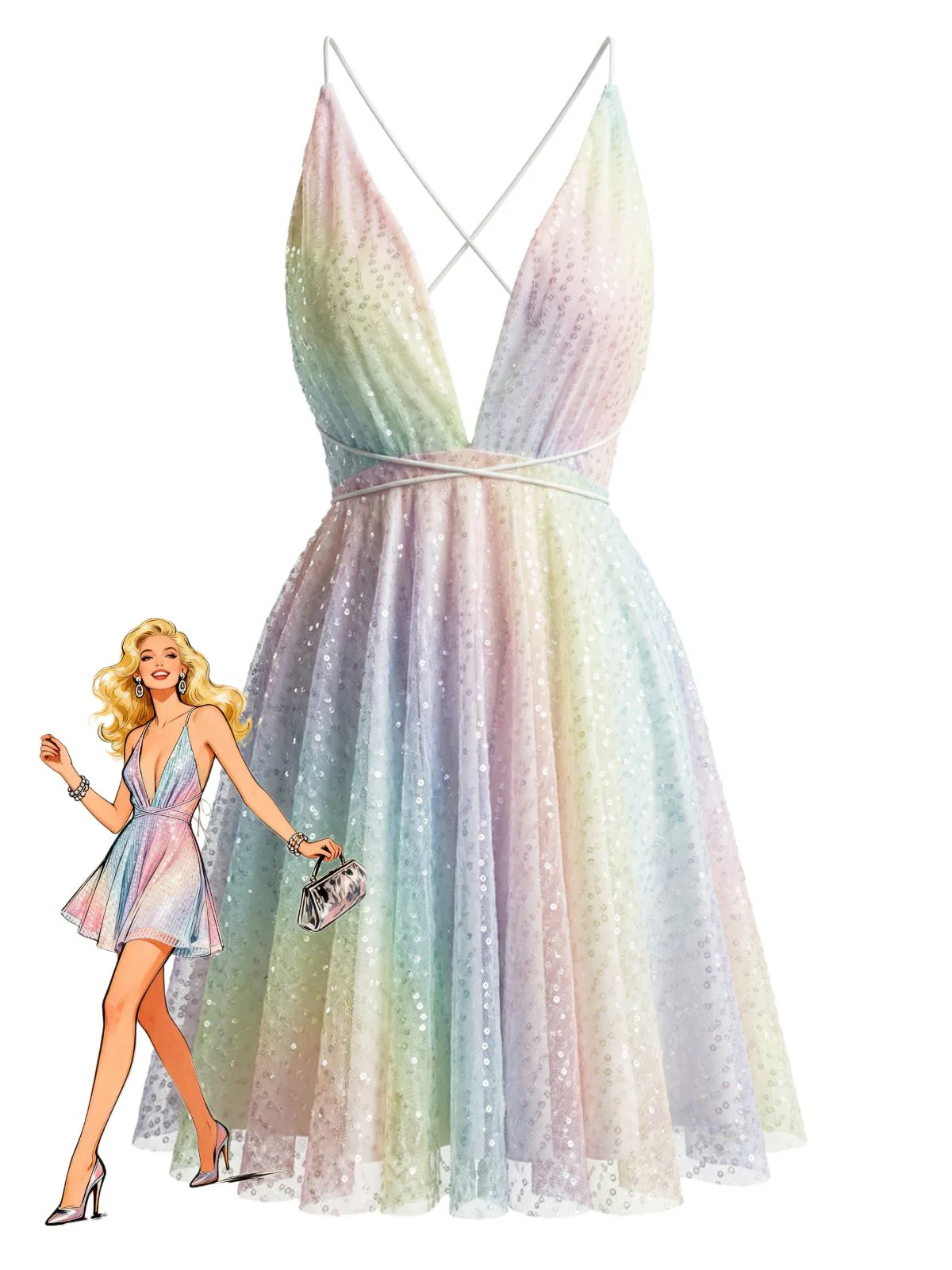 Y2K Rainbow Sequins Deep V-Neck Backless Dress
