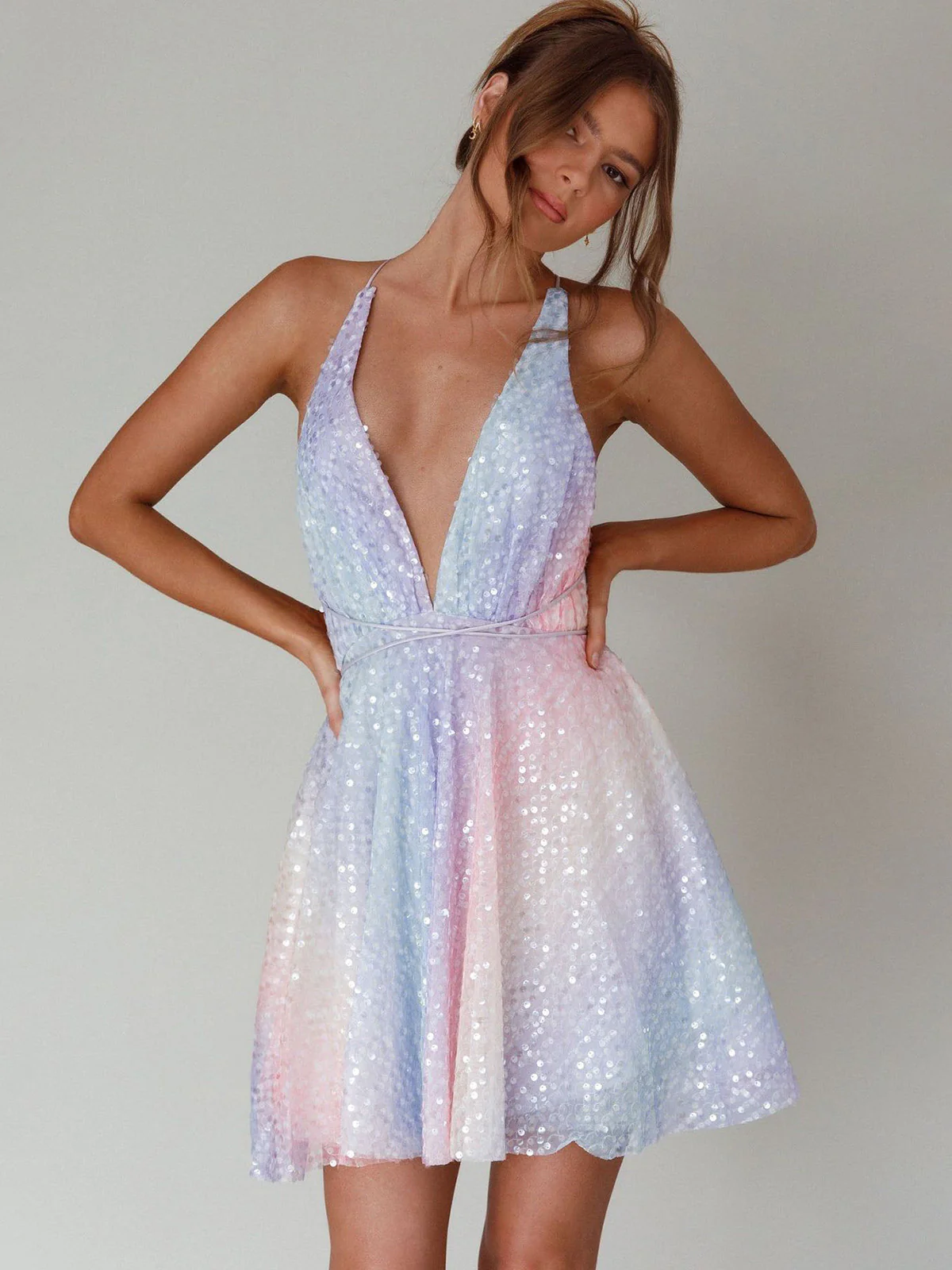 Y2K Rainbow Sequins Deep V-Neck Backless Dress - Image 4