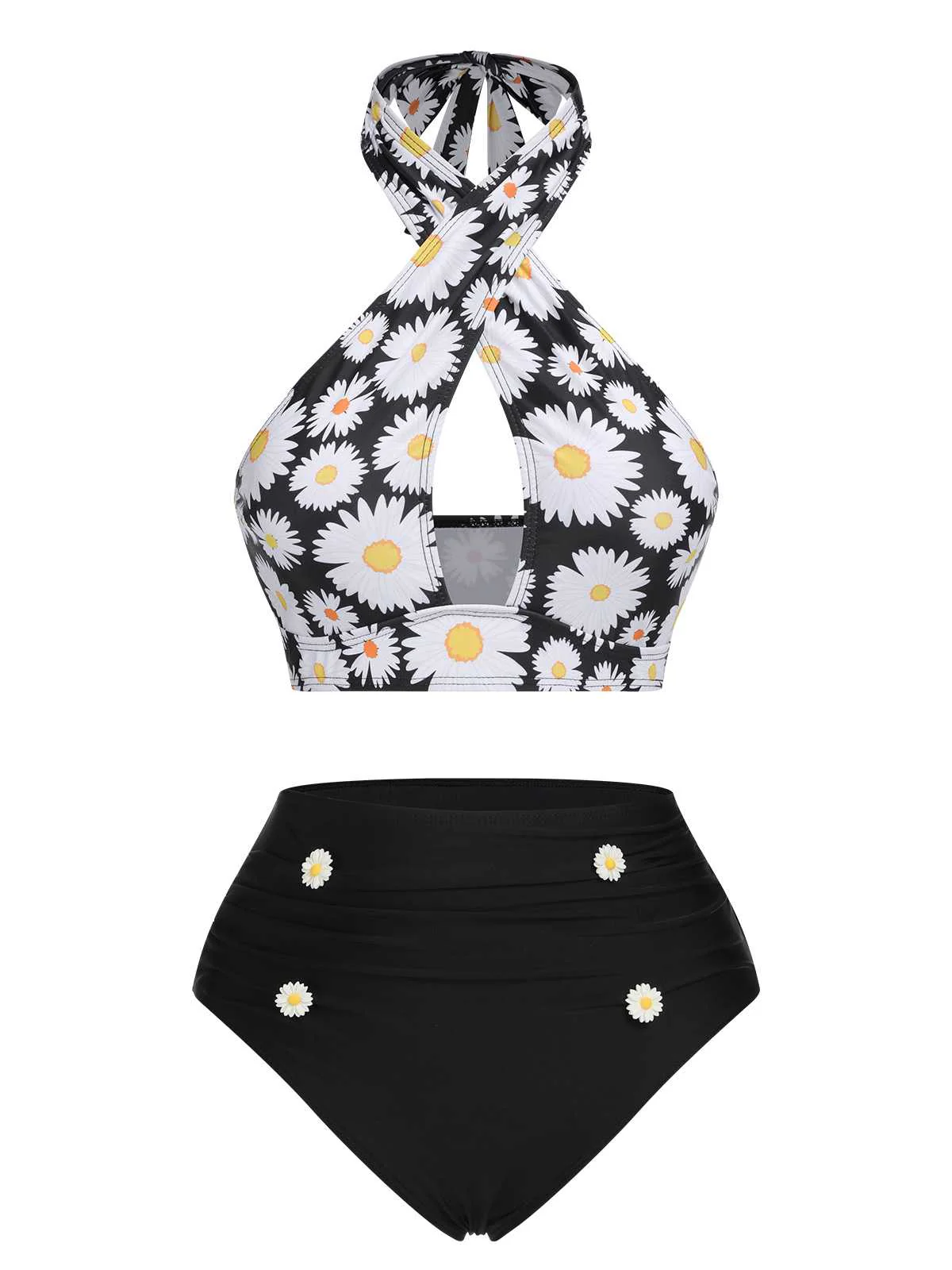 Yellow 1950s Sunflower Cross Halter Swimsuit - Image 12