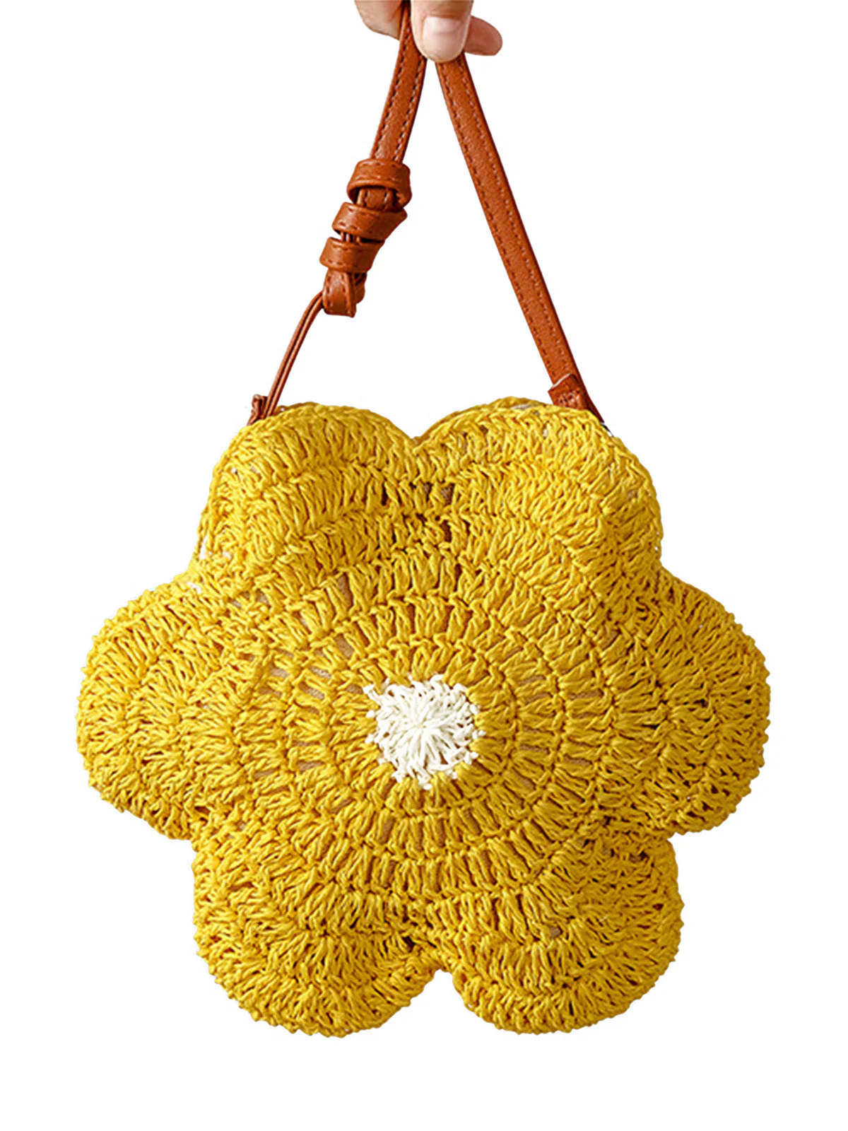 Yellow Handwoven Flower Shaped Crossbody Bag - Image 2